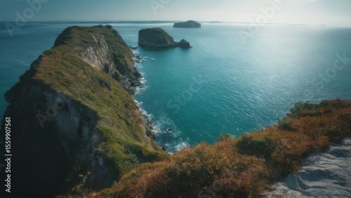 Cliffside Ocean Landscape with Sunset Glow, Greenery, and Calm Blue Reflections  Peaceful Serenity with Horizon and Islands.