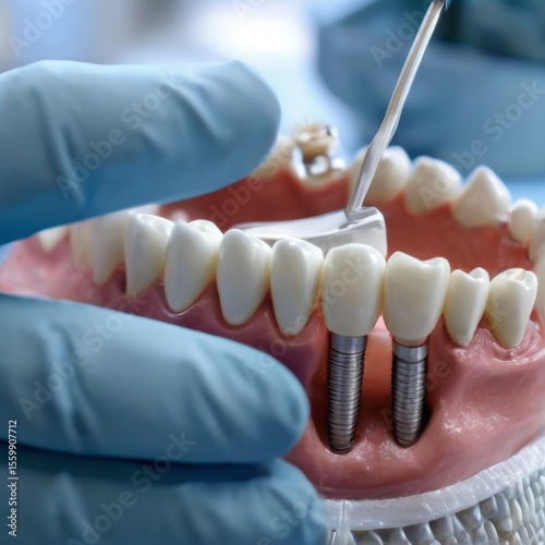 Dental implant procedure on model showing healthy white teeth with dental crown, hand holding tool in clinic setting.