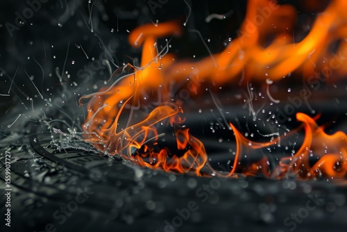 Flames engulfing a tire with water splashing around, creating a dramatic and dangerous scene