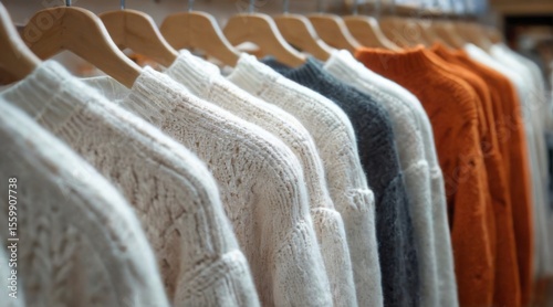 Assorted Colorful Sweaters on Hangers in Fashion Store with Soft Knitted Designs, Blurred Background of Boutique.