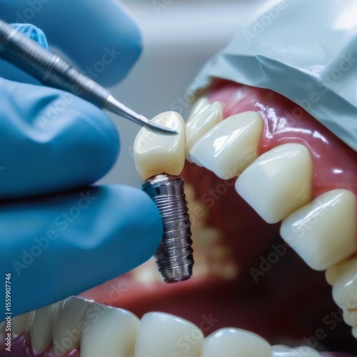 Closeup of dental implant insertion in patient's teeth, featuring silvercolored cylindrical device, bluegloved hand, and blurred clinic background.