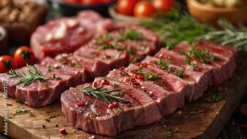 Rustic Wooden Cutting Board with Raw Steak, Herbs, and Veggies  Delicious Food Photography with Blurred Background