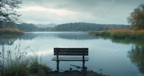 Lake Landscape with Wood Bench  Calm Water, Serene Mood, Mirrorlike Reflection, Peaceful Autumn Scene