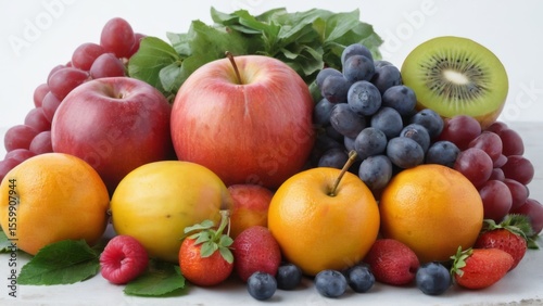Fresh and Colorful Variety of Fruits and Vegetables Arranged in Circular Pattern on White Background