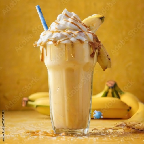 Cheerful Banana Milkshake with Whipped Cream, Caramel, and Fresh Fruit in Tall Glass on Yellow Background