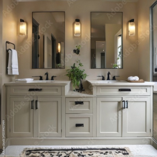 Contemporary Bathroom with Double Sink Vanity, Light Wood, Black Accents, White Countertops, and Elegant Interior Design Elements.