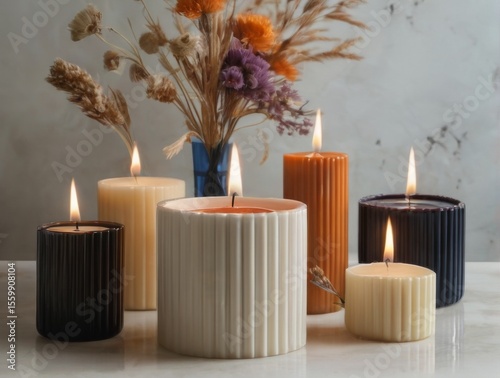 Minimalistic Composition: Five Candles on White Surface with Different Colors, Ribbed Texture, and Vase with Flowers.