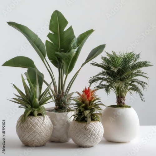 Botanical Arrangement: Four Potted Plants of Various Shapes and Sizes on White Surface with Glossy Leaves and Red Flowers
