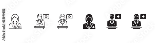 Doctor icons collection. Healthcare doctor icon set. Health consulting symbol. Icon symbol compatible for clinic, hospital, nurse, health consulting, consultation, staff. Vector illustration