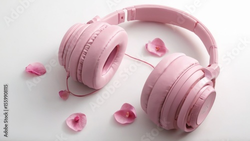 Pink headphones on white surface with sleek design, adjustable headband, padded ear cushions, and pink rose petals.