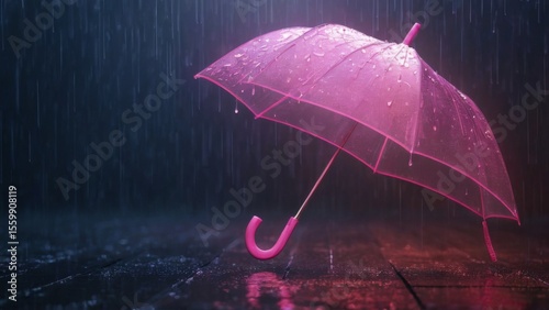 Abstract Pink Umbrella Illustration with Connected Lines on Dark Rainy Background, Eerie Mood, Wet Floor