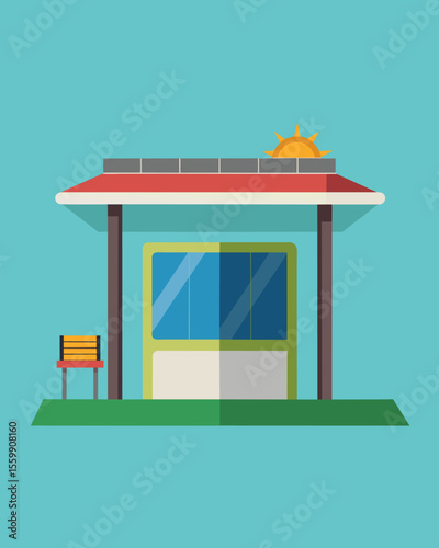 A minimalist design for a solarpowered bus shelter featuring only essential elements and a large solar panel as the main source of energy.. Vector illustration