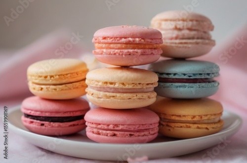 Colorful Macarons Arranged in Pyramid on White Plate with Pink, Yellow, Orange, Light Pink, and Light Blue Macarons