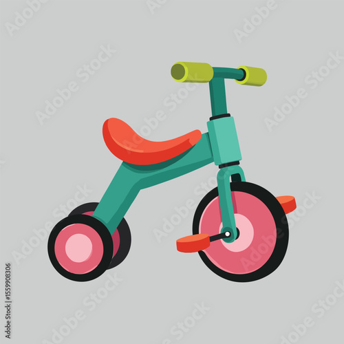 Colorful Childrens Tricycle in Green with Red Seat on Neutral Gray Backdrop