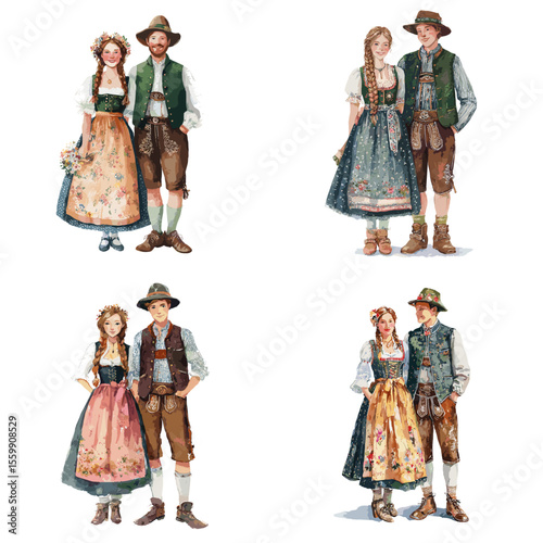 Charming watercolor illustrations of Bavarian couples in traditional German folk attire, showcasing festive spirit, culture, and vintage European style.

