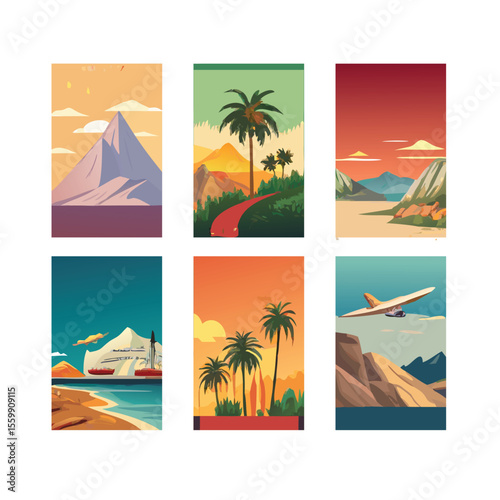 Collection of vintage travel posters featuring retro style designs vector art design 