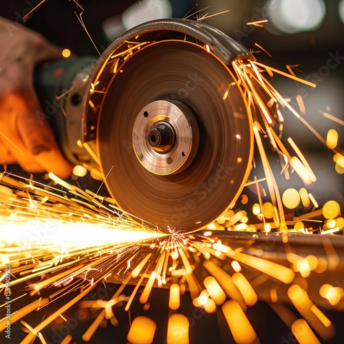 Close-up of angle grinder cutting metal with flying sparks
