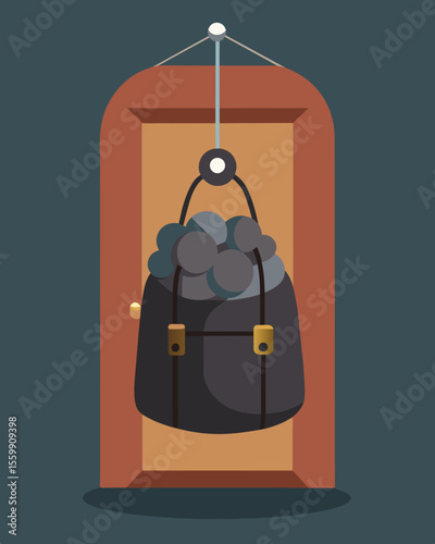 A backpack full of rocks hanging on a door symbolizing the weight and burden of being a victim of faceless bullies.. Vector illustration