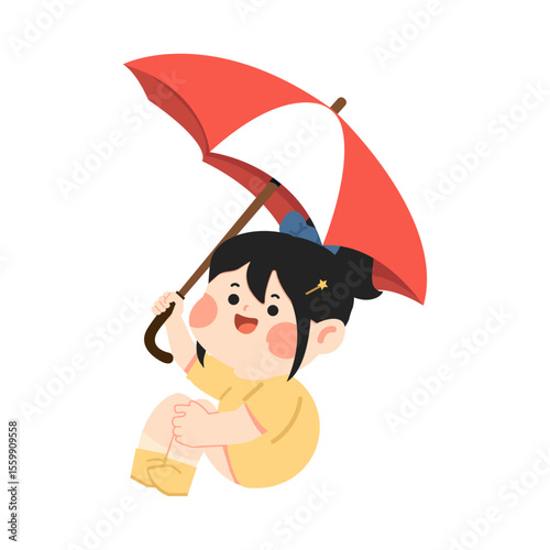 Cartoon Girl With Red Umbrella Illustration