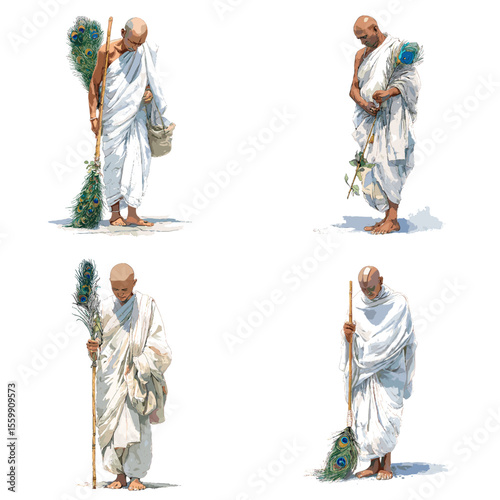Minimal watercolor depictions of Jain monks in white robes holding peacock feathers, representing asceticism, purity, and spiritual detachment.

