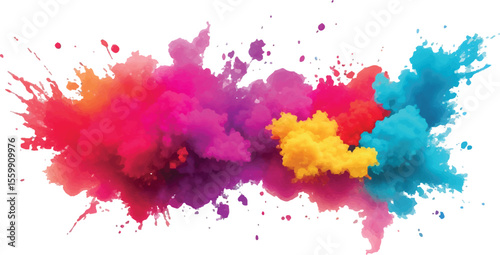 Artistic Rainbow Paint Dust Explosion Isolated on White – Bright Colorful Powder Cloud for Holi Festival, Celebration, and Joyful Creative Background Design Concept
