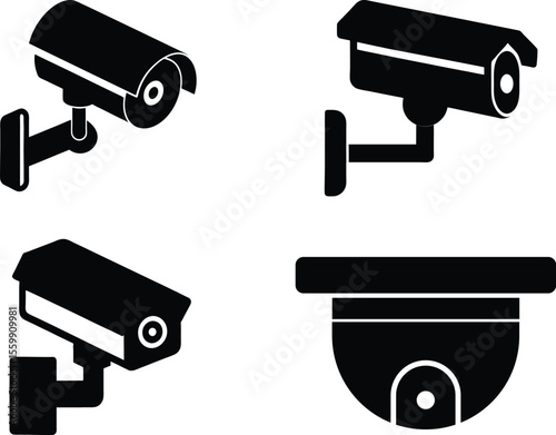 Black Security Camera Icon Set, Vector CCTV Camera Design