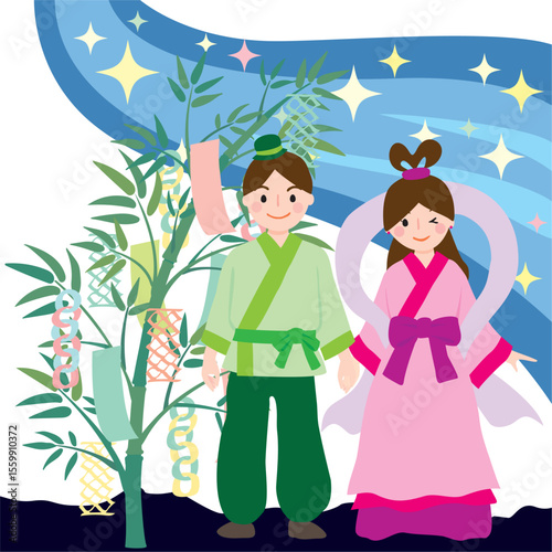 七夕の織姫と彦星、天の川、笹のベクターイラスト
