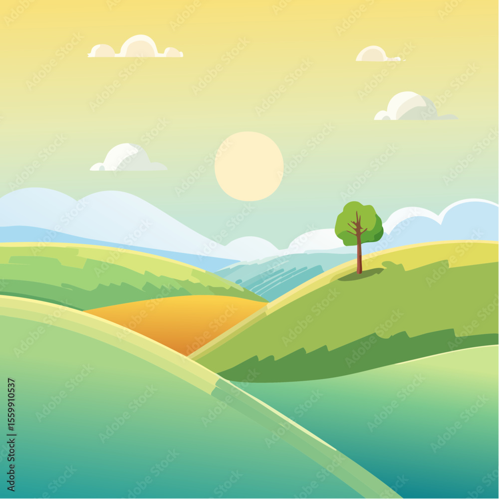 Fototapeta premium quiet landscape with hills, sun, and a lone tree, soft gradients