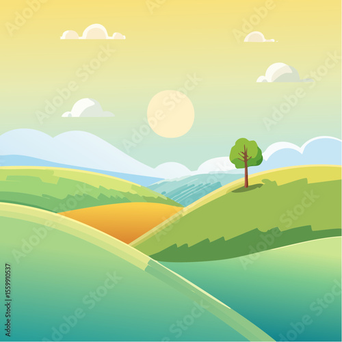 quiet landscape with hills, sun, and a lone tree, soft gradients