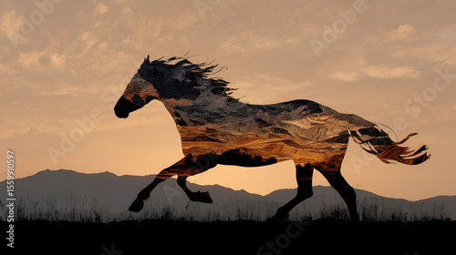 Horse Running Silhouette with Double Exposure Landscape and Sunset Sky