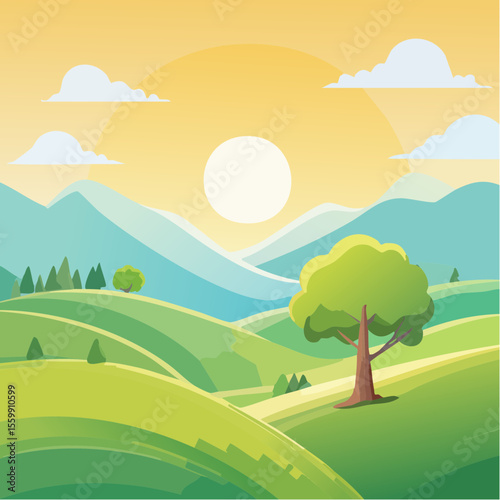 quiet landscape with hills, sun, and a lone tree, soft gradients
