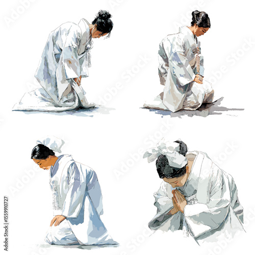 Graceful Japanese women bowing in traditional white robes, captured in a peaceful watercolor style to represent humility, respect, and spiritual reflection.

