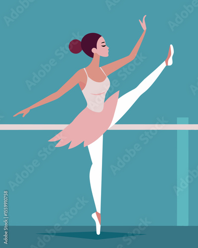 A dancer stands at the barre her legs adorned with numerous stress fractures from years of endlessly practicing and pushing her body to the limit.. Vector illustration