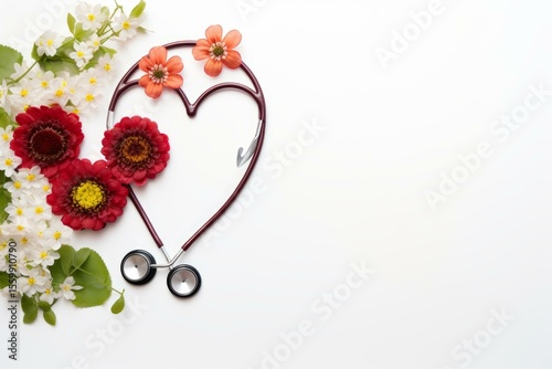 Fototapeta Naklejka Na Ścianę i Meble -  Stethoscope arranged in heart shape surrounded by colorful flowers on white background, representing healthcare, love, and well being
