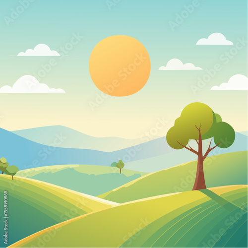 quiet landscape with hills, sun, and a lone tree, soft gradients