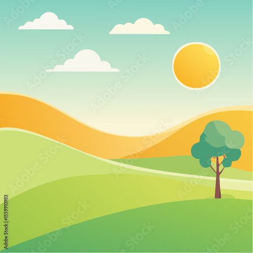 quiet landscape with hills, sun, and a lone tree, soft gradients