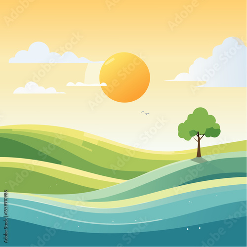 quiet landscape with hills, sun, and a lone tree, soft gradients