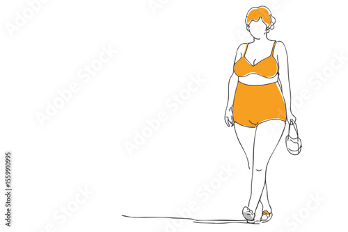 simple line drawing of a plus size women in swimwear bikini summer holiday