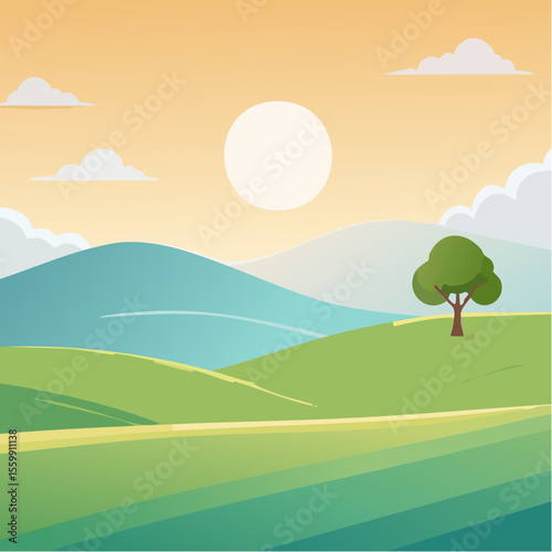 quiet landscape with hills, sun, and a lone tree, soft gradients