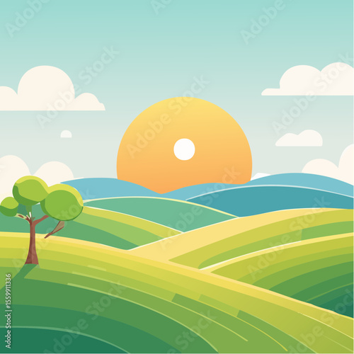 quiet landscape with hills, sun, and a lone tree, soft gradients