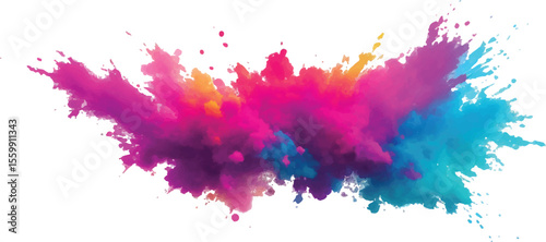 Exploding Rainbow Paint Powder Cloud – Colorful Dust Burst for Holi Festival on White Background, Symbolizing Joy, Freedom, and Artistic Abstract Motion Splash
