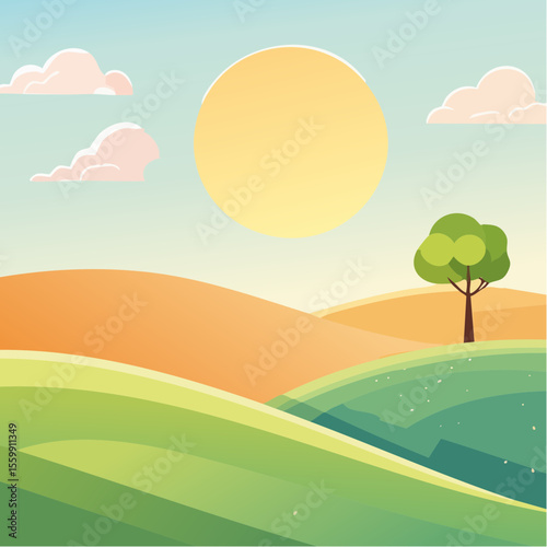 quiet landscape with hills, sun, and a lone tree, soft gradients
