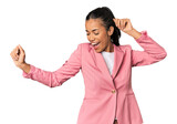Young Filipina woman in pink suit dancing joyfully