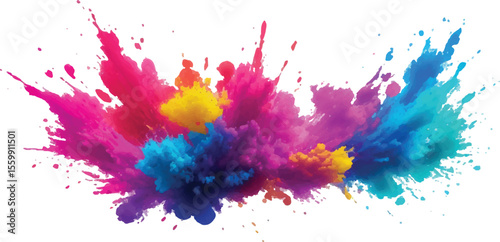 Exploding Rainbow Paint Powder Cloud – Colorful Dust Burst for Holi Festival on White Background, Symbolizing Joy, Freedom, and Artistic Abstract Motion Splash
