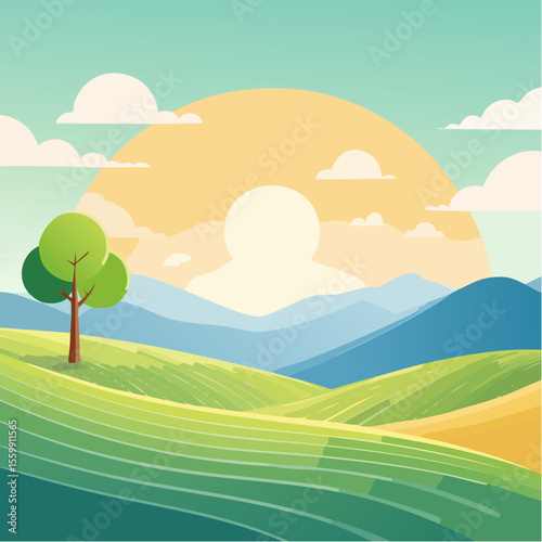 quiet landscape with hills, sun, and a lone tree, soft gradients