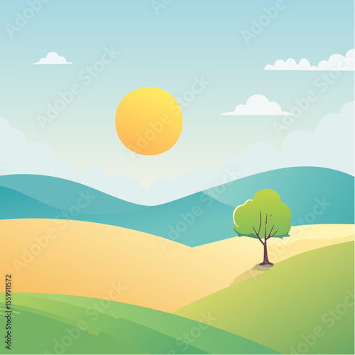 quiet landscape with hills, sun, and a lone tree, soft gradients
