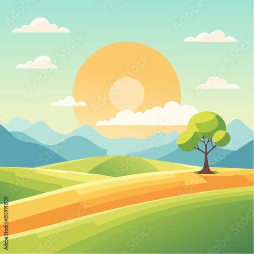 quiet landscape with hills, sun, and a lone tree, soft gradients