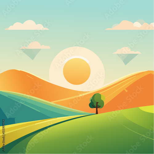 quiet landscape with hills, sun, and a lone tree, soft gradients