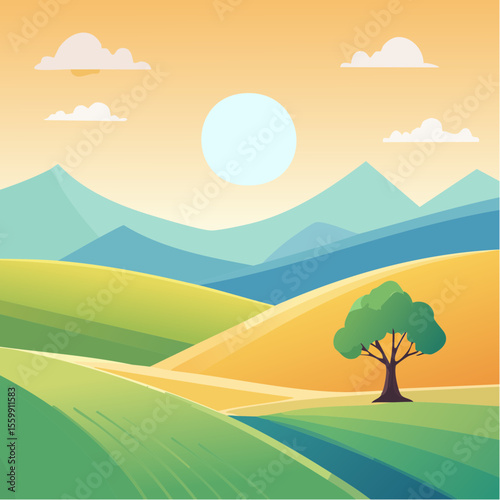 quiet landscape with hills, sun, and a lone tree, soft gradients
