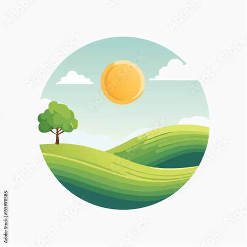 quiet landscape with hills, sun, and a lone tree, soft gradients